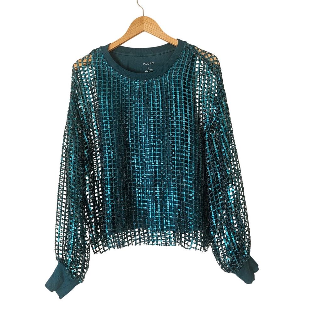 Pilcro by Anthropologie Turquoise Teal Sequin Shine Top, Boho Glam Size M